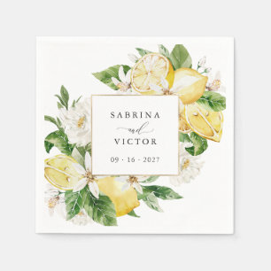 Watercolor Lemons Citrus Greenery Blossom Wedding Napkins