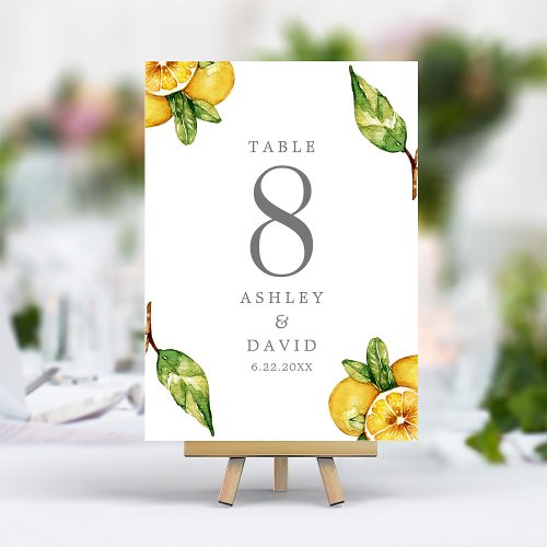 Watercolor Lemons Citrus Modern Limoncello Wedding Table Number