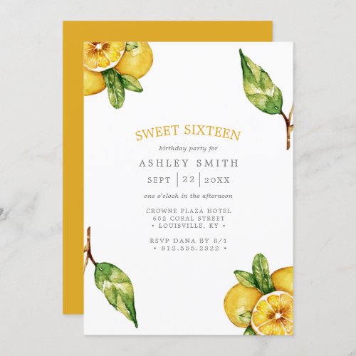 Watercolor Lemons Citrus Modern Sweet 16 Invitation