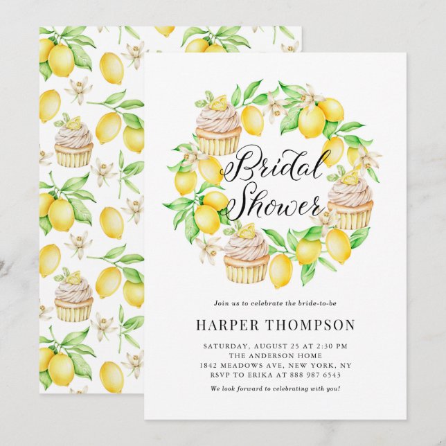 Watercolor Lemons & Cupcakes Wreath Bridal Shower Invitation (Front/Back)