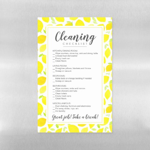 Watercolor Lemons Editable Home Cleaning Checklist Magnetic Dry Erase Sheet