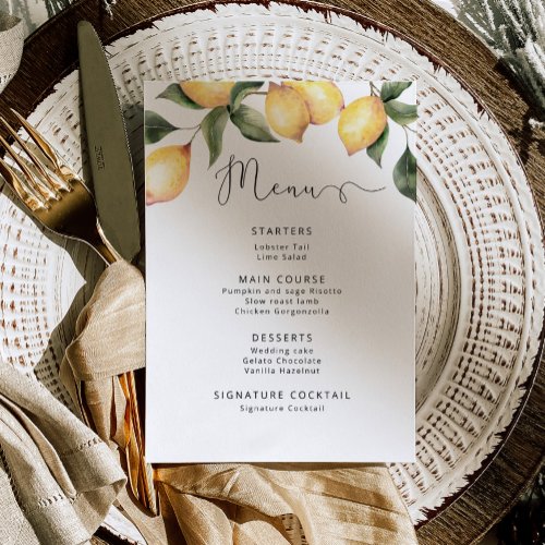 Watercolor lemons elegant wedding Menu Invitation