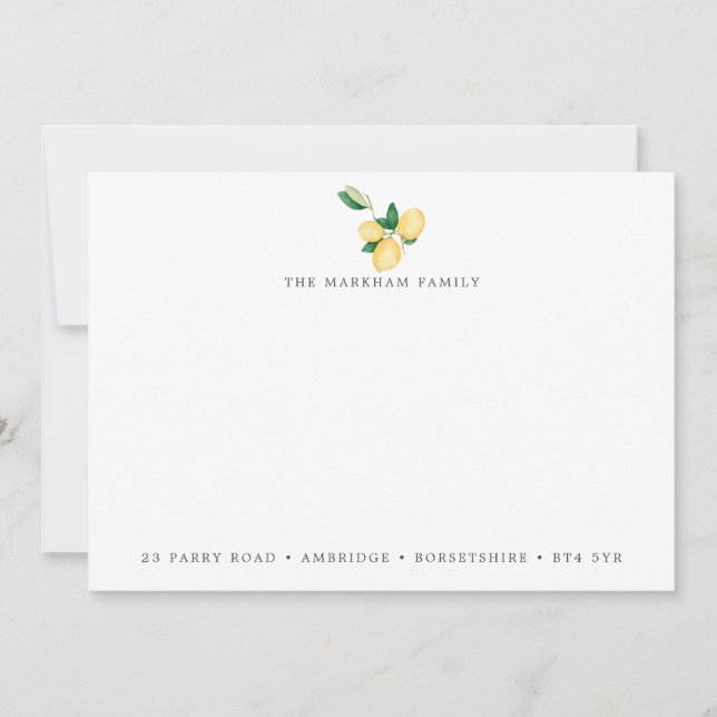 Watercolor Lemons Family Address Note Card (Front)