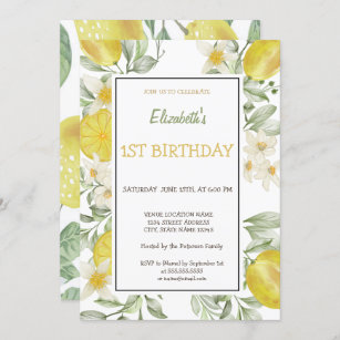 Watercolor Lemons Flowers Birthday  Invitation