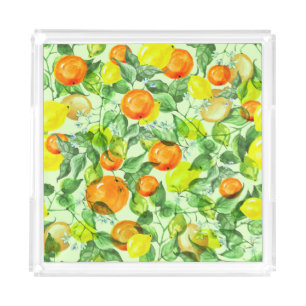 Watercolor lemons, flowers, citrus pattern. acrylic tray