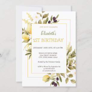 Watercolor Lemons Flowers Olive Birthday Invitation