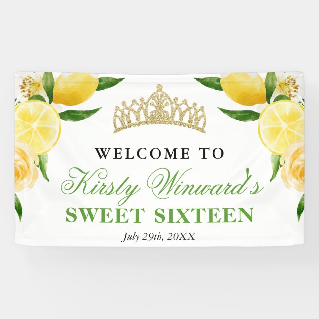 Watercolor Lemons & Flowers Welcome Sweet Sixteen Banner (Horizontal)