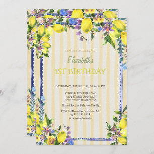 Watercolor Lemons Flowers Yellow Stripes Birthday Invitation
