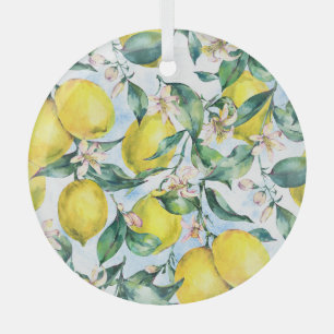 Watercolor lemons, fresh citrus branch. glass ornament
