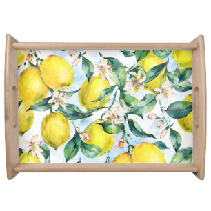 Watercolor lemons, fresh citrus branch. serving tray