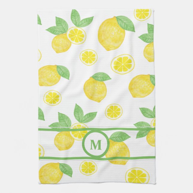 Watercolor lemons fresh yellow green personalized kitchen towel (Vertical)