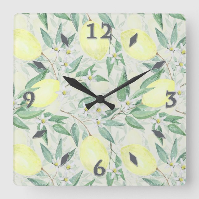 Watercolor lemons fruit square wall clock (Front)