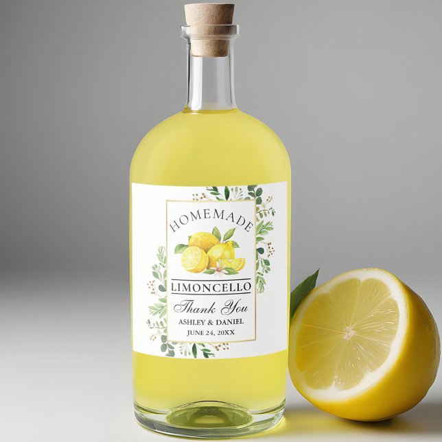 Watercolor Lemons Gold Limoncello Liquor Bottle Label (Customize to change text size, color or text style.)