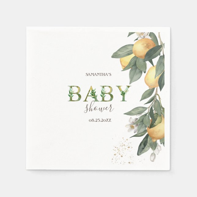 Watercolor Lemons Green Baby Shower Napkins (Front)