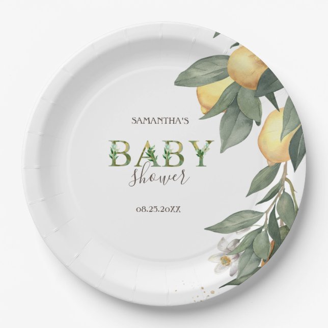 Watercolor Lemons Green Paper Plates (Front)