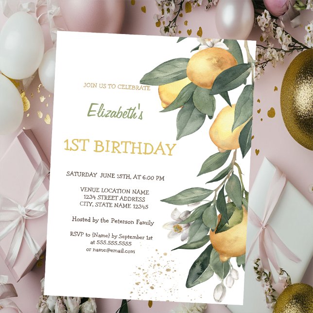 Watercolor Lemons Green Plaid Birthday  Invitation (Creator Uploaded)