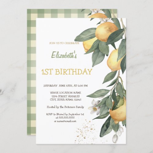 Watercolor Lemons Green Plaid Birthday  Invitation