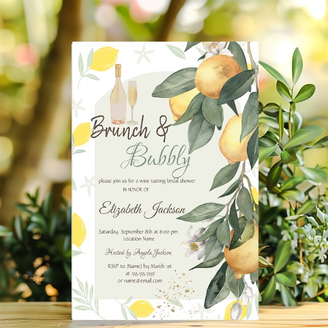 Watercolor Lemons Green Plaid Brunch & Bubbly  Invitation (Creator Uploaded)