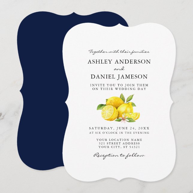 Watercolor Lemons Greenery Blue Back Wedding Invitation (Front/Back)