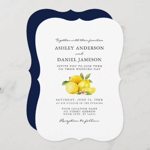 Watercolor Lemons Greenery Blue Back Wedding Invitation