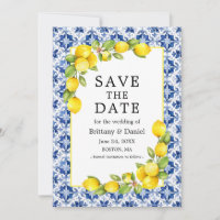 Watercolor Lemons Greenery Blue Tile