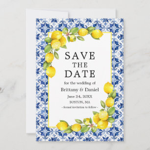 Watercolor Lemons Greenery Blue Tile Save The Date