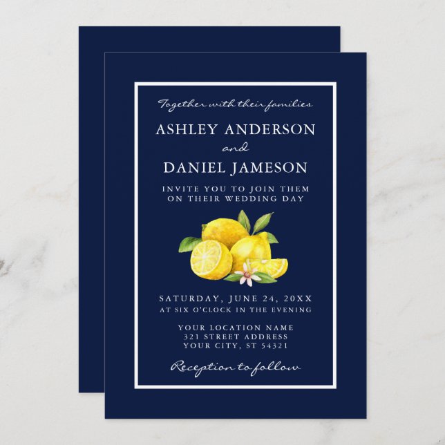 Watercolor Lemons Greenery Blue Wedding Invitation (Front/Back)