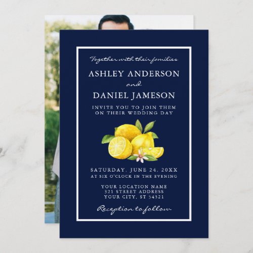 Watercolor Lemons Greenery Blue Wedding Photo Invitation