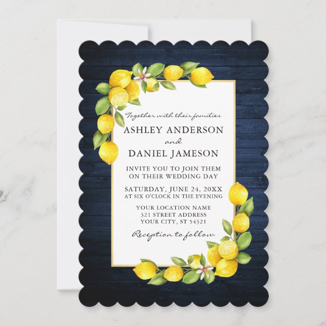 Watercolor Lemons Greenery Blue Wood Wedding Invitation (Front)