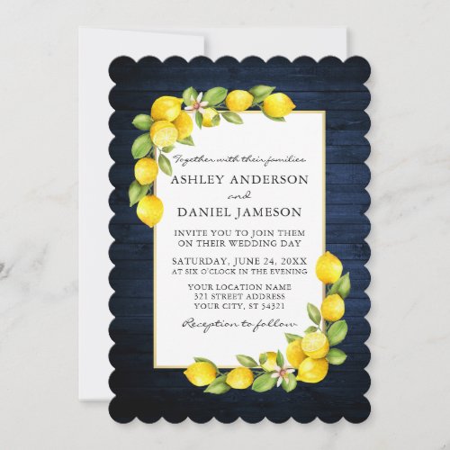 Watercolor Lemons Greenery Blue Wood Wedding Invitation