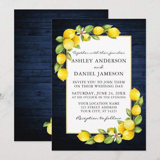 Watercolor Lemons Greenery Blue Wood Wedding Invitation (Front/Back)