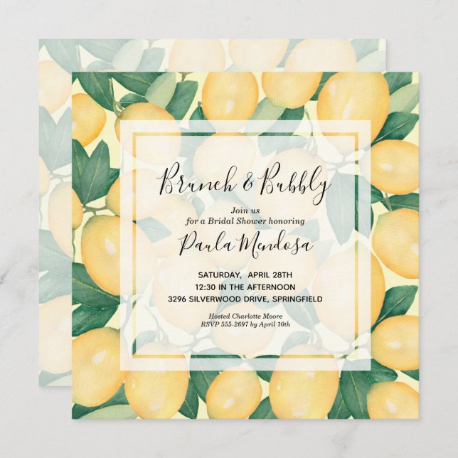 Watercolor Lemons Greenery Bridal Shower Invite (Front/Back)