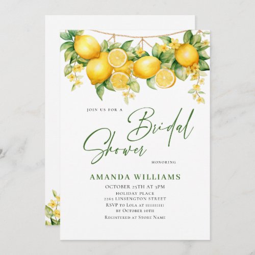 Watercolor Lemons Greenery Floral Bridal Shower Invitation