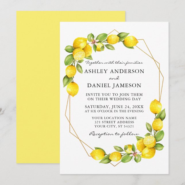 Watercolor Lemons Greenery Geo Frame Wedding Invitation (Front/Back)