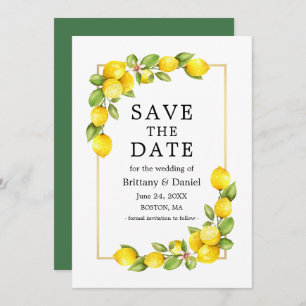 Watercolor Lemons Greenery Gold Frame Green Save The Date