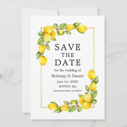 Watercolor Lemons Greenery Gold Frame Save The Date