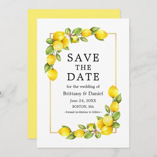 Watercolor Lemons Greenery Gold Frame Yellow Save The Date