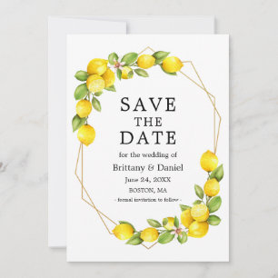 Watercolor Lemons Greenery Gold Geo Frame Save The Date