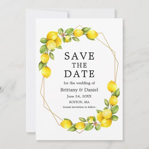 Watercolor Lemons Greenery Gold Geo Frame  Save The Date