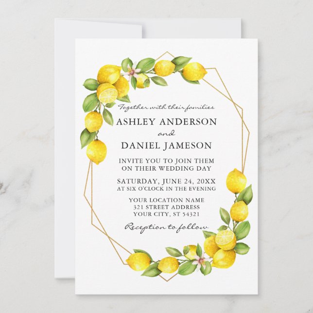 Watercolor Lemons Greenery Gold Geo Frame Wedding  Invitation (Front)