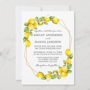Watercolor Lemons Greenery Gold Geo Frame Wedding Invitation