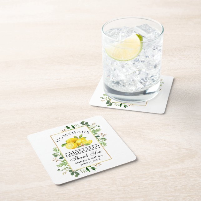 Watercolor Lemons Greenery Gold Limoncello Square Paper Coaster (Insitu)