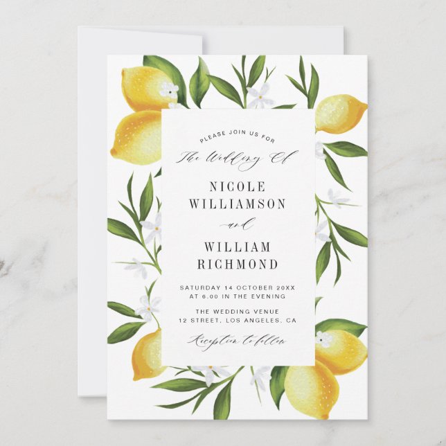 watercolor lemons greenery invitation (Front)