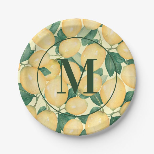 Watercolor Lemons Greenery Monogrammed Paper Plates (Front)