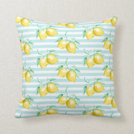 Watercolor Lemons Greenery on Light Blue Stripes | Throw Pillow