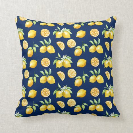 Watercolor Lemons Greenery on Navy Background | Throw Pillow