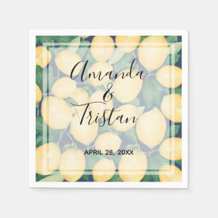 Watercolor Lemons Greenery on Navy Blue Napkins
