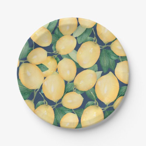 Watercolor Lemons Greenery on Navy Blue Paper Plates