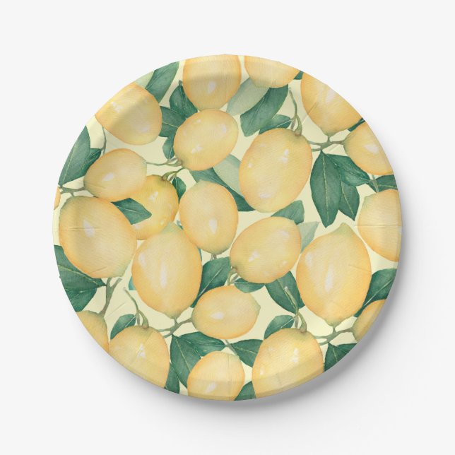 Watercolor Lemons Greenery Paper Plates (Front)