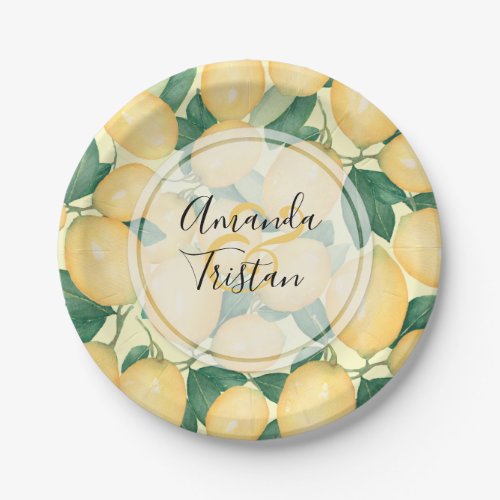 Watercolor Lemons Greenery Personalized Paper Plates